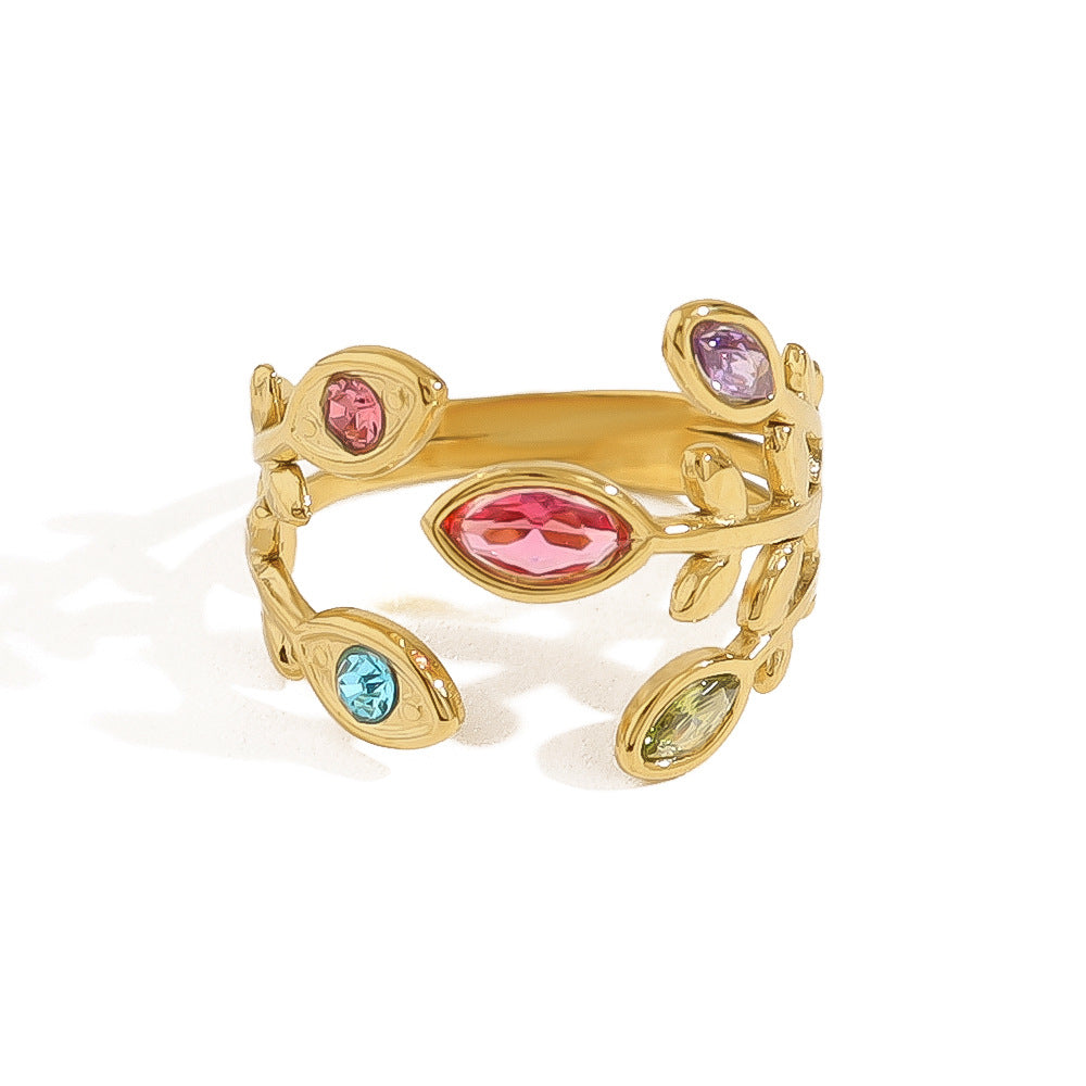 Wholesale rainbow zircon leaf ring women' s 18K gold titanium steel open ring